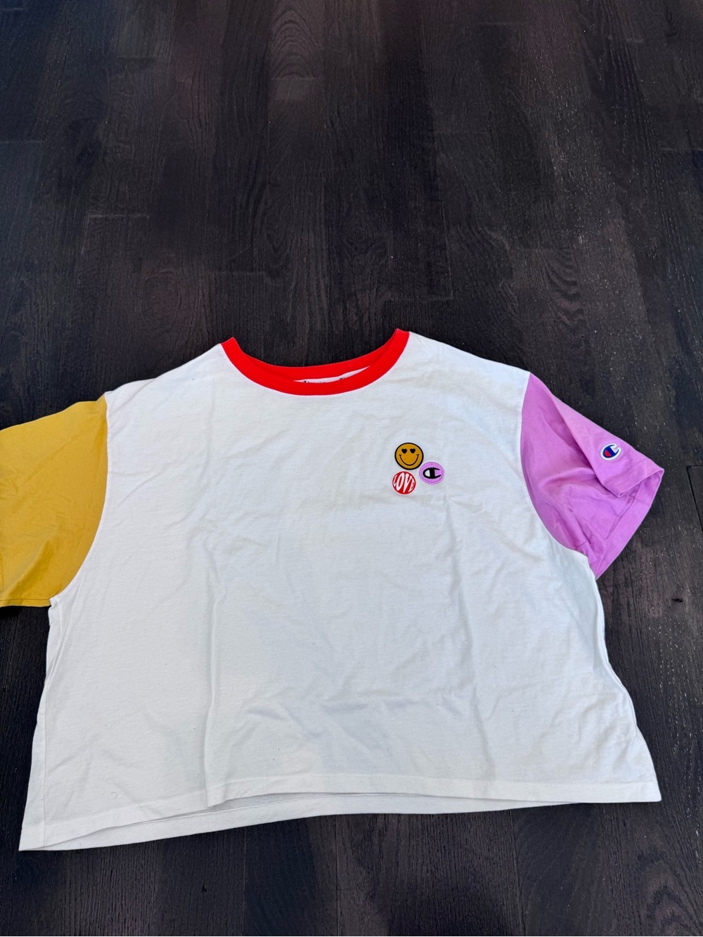 Champion Colorblock Crew Tee in White with Yellow & Purple Sleeves